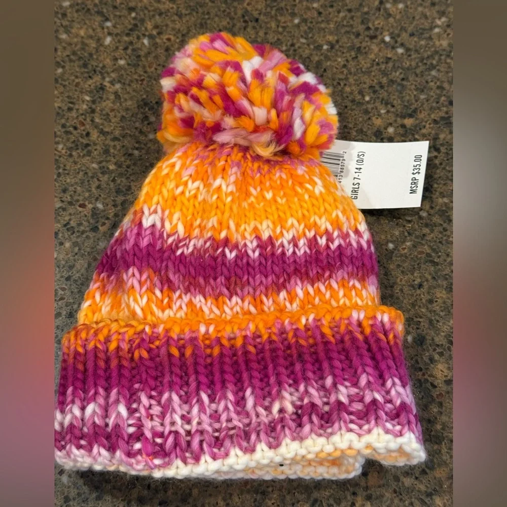 NEW Spyder Cute Multicolor Knit Soft Beanie with Pom-Pom - PINK, ORANGE & WHITE